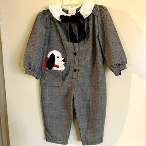 Vintage toddler Plaid Romper with Dog Patch and Bow